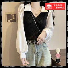 ニットブラウス 韓国 ドッキング ニットシャツ ニットトップス Vネック レディース リブニット 襟付き 異素材切替 ニットソー 着やせ 重ね着風 ニット 秋服 レイヤード風 お洒落 無地 秋らしい ドッキングブラウス フェミニン 85YN-900516