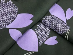 平和屋着物▽小紋　単衣　花蝶文　夜桜　黒地　洗える着物　AAAU8559fy