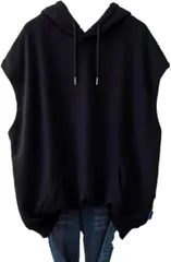 Kai La Nalu フード付き ベスト 袖なし トップス ノースリーブ トレーナー スポーツウェア 体型カバー ゆったり 薄手 シンプル お洒落 大きいサイズ 無地 オーバー ルーズフィット( ブラック,  XL)