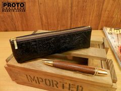 ハンドメイド♪上品ペイズリー柄レザーのペンケース黒ブラック