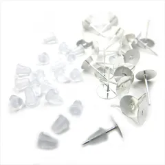 V-030 平皿ピアスピン 8mm & 樹脂ピアスキャッチ 6mmセット【ホワイトシルバー】各20個 10組 貼り付け ポストピアス ピアスピン シリコンキャッチ バックキャッチ メタル 金属 ハンドメイドアクセサリーパーツ