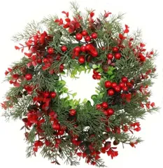 【在庫処分】Ｏｓｈｈｎｉ クリスマスリース レッドベリーリース 直径45cm 人工ウィンドウリース クリスマス花輪 ナチュラル 造花 ホリデーリース 緑のリース 窓/玄関/店舗/壁掛け/壁飾り 屋外 お正月デコレーション ドアチャーム クリスマスオーナ