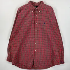 古着 90's/90年代 ラルフローレン RALPH LAUREN 長袖シャツ ボタンダウン ワンポイントロゴ刺繍 ビックサイズ XL  レッド系 チェック メンズ