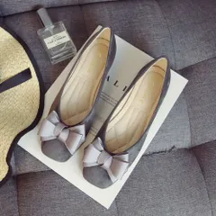 ☆ グレー ☆ 36(23.0cm) ☆ リボンパンプス ローヒール パンプス ローヒール フラットシューズ スクエアトゥ レディース フラットパンプス 大きいリボン フラット 靴 シューズ 上品 シンプル おしゃれ かわいい レディースシューズ 通勤 通学