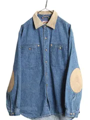 【お得なクーポン配布中!】 80s バナナリパブリック 長袖 デニム シャツ ジャケット メンズ L ヴィンテージ BANANA REPUBLIC コットン 襟 本革 レザー エルボーパッチ