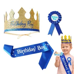 【人気商品】小道具 撮影 飾り 誕生日パーティー キッズ 男の子 3点セット Boy 子供 Birthday ブローチ たすき バースデーハット 大人兼用 王冠 誕生日 [LKCCTK]