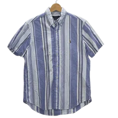 POLO RALPH LAUREN ポロラルフローレン 半袖 シャツ ストライプ柄 ポニー刺繍 ワンポイントロゴ刺繍  ベトナム製 Ｍサイズ ブルー ホワイト