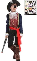 Madrugada(マドルガーダ) パイレーツ キッズ 海賊 船長 高級タイプ ブルー ハロウィン シール付き 2点セット キッズコスチューム 男の子 S701 110cm-120cm( 青,  M(110cm-120cm))