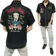 ベティーブープ ベティブープ コラボ ブレイブマン デニムシャツ ドレス/薔薇 刺繍 半袖 BETTY BOOP The BRAVE-MAN キャラクター メンズ/レディース/ユニセックス ブラック サイズM-L-XL BBB-2522