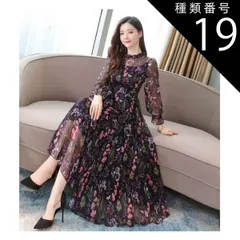 種類19：レッド/XL 花柄 シフォン ワンピース フレアワンピース 膝下 ミモレ ミモレ丈 7分丈 ミディアム丈 袖あり ボリューム袖 ハイネック プチハイネック フレア チュール シフォン ウエストマーク 透け感 シースルー かわいい 大人可愛い きれいめ