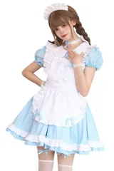 [RPFLQ] メイド服 コスプレ 4色展開 ハロウィン 仮装 ブラック レッド ブルー ピンク レディース エプロン 衣装 半袖 可愛い 萌え イベント 活動 大人用 ワンピース 首飾り ニーハイソックス付き