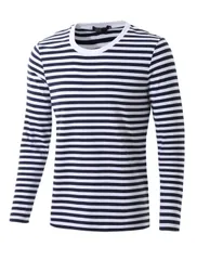 Allegra K メンズ ロンT ボーダー Tシャツ カットソー 長袖 柄シャツ ストライプ クルーネック カジュアル 多色 丸首 春秋冬 日常着 綿 ネイビーブルー 42