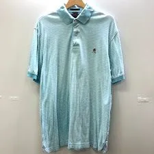 TOMMY HILFIGER トミーヒルフィガー 半袖シャツ ポロシャツ リブ袖 ストライプ柄 ワンポイントロゴ刺繍 スリランカ製 メンズ M ハワイアンブルー ホワイト