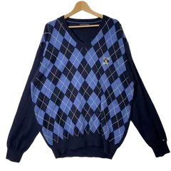 TOMMY HILFIGER GOLF トミーヒルフィガーゴルフ セーター ニット アーガイル柄 全米オープン 2007  OAKMONT Vネック 長袖 ワンポイント刺繡 ネイビー ブルー