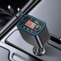 4in1 車 充電器 シガーソケット 4台同時充電 カーチャージャー 巻き取り式 Type-C 電圧計DC12/24V車対応