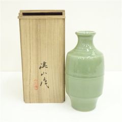 D-5 小原流 豆青釉花生 花瓶 花器 共箱付 昭和レトロ 華道家元所蔵