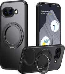 ＭＮ　ＭＯＮＯ　ＺＡＣＫ Google Pixel 9a ケース MagSafe対応 リング付き 360°回転スタンド 半透明マット 耐衝撃 カメラ保護 ワイヤレス充電対応 指紋防止 黄ばみ防止 ストラップホール付(ブラック)