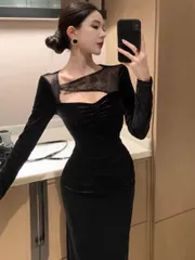 25年新作｜【美しいワンピース】上質なベロア素材結婚式やパーティーーに最適！ロング丈｜ロング丈・ベロア｜結婚式 二次会 お呼ばれ デート パーティー｜ワンピース｜高見え｜美シルエット｜着痩せ｜体型カバー｜上品