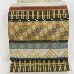 袋帯 逸品 となみ織物 落款 染織紀行 縞模様 花 金糸 箔 茶緑色 六通 正絹 【中古】