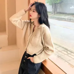 レディース ショート丈 ニット カーディガン 長袖 無地 ベージュM