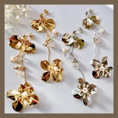 ロングセラー【304ステンレスポスト 24KGP本金メッキ】メタル ゴールド シルバー フラワー ワイヤー 揺れる ピアス 天然 淡水 パール 天然 クォーツ クリスタル ブライダル ウェディング ハンドメイドピアス アレルギー対応【イヤリング変更可能】