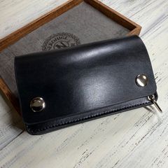【トラッカーウォレットミドル 3層】ブラック 北米ステア シルバー YKK