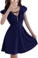 COCO&YUKA(ココアンドユカ) フリル セクシー ハーフ ジップ ミニ フレア ワンピース キャバ 嬢 ドレス オフショルダー 半袖 タイト Aライン 胸 クロス チャック ミニワンピ( ブルー,  M)