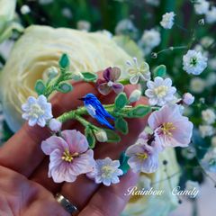青い鳥と桜のハート型リースブローチ　つまみ細工　ハンドメイド