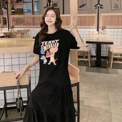 トムとジェリー  Tシャツ ワンピース  フリル   ミドル丈    ブラック