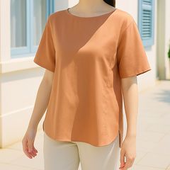 ＼上品カジュアルで後ろ姿も抜かりない✨／ラトータリテ＊ La TOTALITE＊バックファスナー半袖カットソー＊オレンジベージュ・Mサイズ相当＊春夏〜秋ごろまで◎