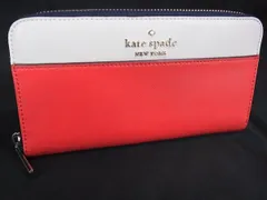 ■美品■ kate spade ケイトスペード レザー ラウンドファスナー 長財布 ウォレット 札入れ 小銭入れ レッド系×アイボリー系 DJ9864