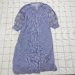 ◇ ⊃ UNTENCE アンテンス ストライプ柄 長袖 ノーカラーロングシャツ サイズＦ ブルー系 レディース E  【1508200029634】