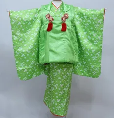 七五三 三歳 女児 被布着物セット 黄緑色 百花繚乱 3歳 3才 三才 女の子 祝着 お仕立て無料 NO39393
