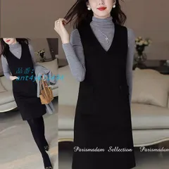 V襟ジャンバースカート ブラック ストレートライン 暖か 防寒 ひざ丈 ジャンパースカート大きいサイズ有Sから３L送料無料女子会20代30代40代50代60代 ant4y651494