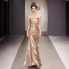 パーティードレス レディース 夏用 キャミソール ロングワンピース 香 !-利用不可文字-! 金色 高級感 フィッシュテール 成人式