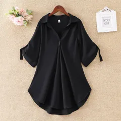 ☆ ブラック ☆ XXLサイズ ☆ ブラウス レディース 春夏 ggblouse08 ブラウス レディース 半袖 シャツ チュニック スキッパーシャツ ロールアップ スキッパー 無地 ゆったり きれいめ 春 夏 上品 カジュアル オフィス 大人 トップス