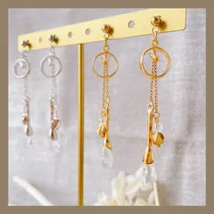 シンプル《304ステンレス 24KGP 本金メッキ ポスト》 クリア ガラス チャーム メタル チェーン ピアス サークル フープ  華奢 ゴールド シルバー ビーズ  キレイ 揺れる フォーマル ハンドメイドピアス アレルギー対応《イヤリング変更可能》