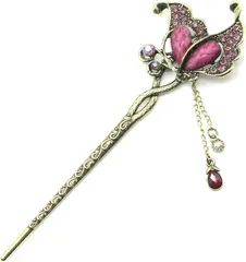 Miaomyao ミャオミャオ 簪 かんざし 一本 髪飾り 和装 留袖 着物 キュービックジルコニア アンティーク バタフライ ちょうちょ フラワー 蝶 花 モチーフ くすみ ゴールド ヘアアクセサリー(ディープローズ,  ワンサイズ)