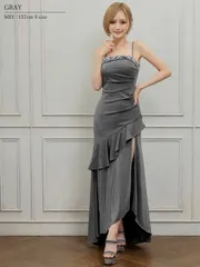 グレー　[AR25246-GY-2509]　【ANGEL R/エンジェルアール】ベアトップ/ タック/ ラメ/ ビジュー/ フリル/ ラッフル/ ロングドレス/ キャバドレス