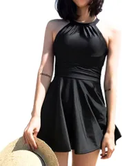 G-tiamo ジーティアモ 水着 レディース 体型カバー ワンピース ホルターネック セクシー オフショル オールインワン フリル スカート パッド付 韓国(ブラック,  M)