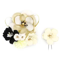 髪飾り 成人式 振袖 前撮り 袴 2点セット 花 白 生成り ゴールド ちりめん ラメ 花ごころ 造花 大きい 小さい 和装 大人可愛い No.12-0816