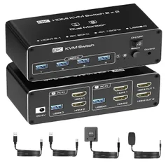 新品 KVM デュアルモニター】HDMI 切替器 2PC 切替 2モニター 同時出力 USB3.0 出力口付き 8K 60Hz 4K 144Hz対応 【8K HDMI2.1 KVM スイッチャー キーボード マウス プリンター USB3.0 2入力4出力 切替