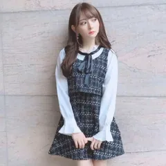 ツイードワンピース　ドッキングワンピース　フリル　リボン　ブラック
