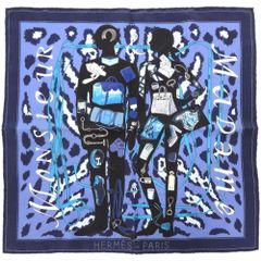 美品 エルメス カレ40 MONSIEUR ET MADAME ムッシュ＆マダム シルク ブルー スカーフ 0821 HERMES