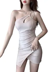 ISLAYCAOLILA ワンショルダー ワンピース カシュクール タイトミニ クラブドレス ストラップ ノースリーブ レディース EE2( ベージュ,  S)