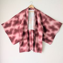 Japanese Vintage Haori Long Burgundy Gradation pattern Silk Kimono Jacket Old-ⅽloth 長羽織 羽織 正絹 ボルドー色 暈し 古布 時代布 一点物 大正浪漫 和洋折衷