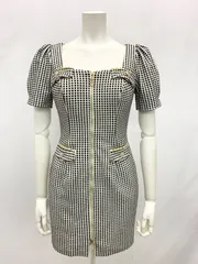 1525 IRMA イルマ　キャバクラ　ドレス　ワッフル　チェック　ゴールドチェーン　ミニ　フロントジップ　キャバドレス　S