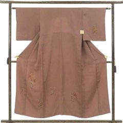 付下 身丈153cm 裄62cm 前幅26cm 後幅30cm 袖丈47cm 袖幅32.5cm レディース 単衣 花柄 裄Sサイズ 初夏・初秋用 正絹（シルク）ブラウン 美品 リメイク リユース リサイクル【呉服のきくや】