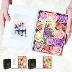 新品 TUKUMO ブック型ソープフラワー フォトフレーム お供え 写真立て L判 2L判 ボックス 母の日 ギフト 花束 仏花 古希 喜寿 誕生日 プレゼント 退職祝い フォトウェディング (パープル)