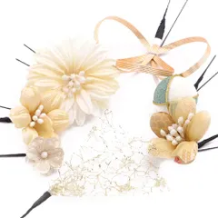 髪飾り 成人式 振袖 前撮り 袴 花 7点セット 白 生成り 黄色 緑 ゴールド 花 組紐 ちりめん 玉飾り レース 菱 和柄 Ｕピン Iピ No.12-0369
